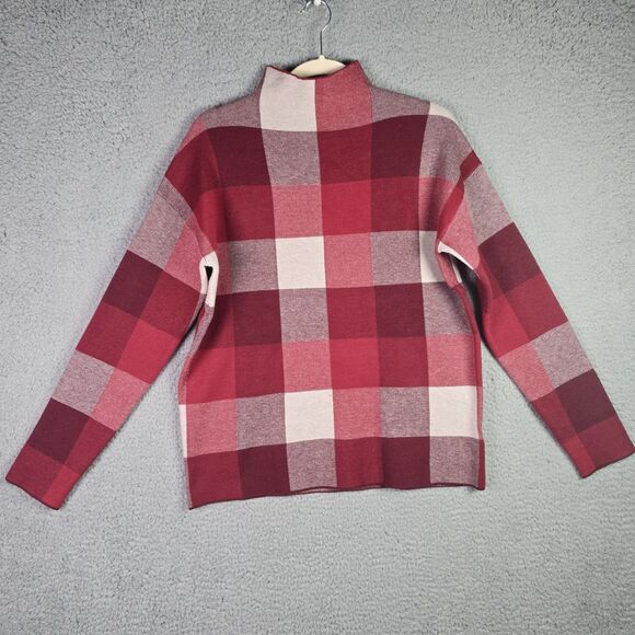 Tahari Buffalo Plaid Mock Neck Sweater Red Cream Large Cozy Fall Trending - Picture 1 of 13